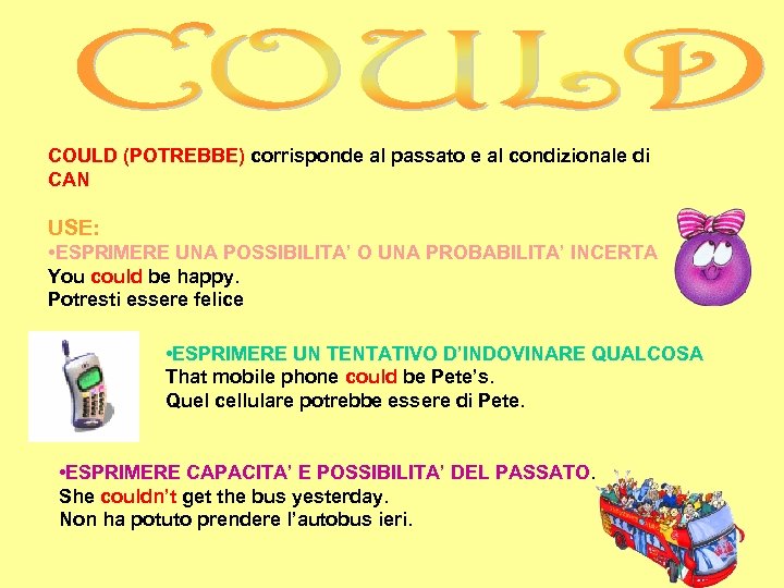COULD (POTREBBE) corrisponde al passato e al condizionale di CAN USE: • ESPRIMERE UNA