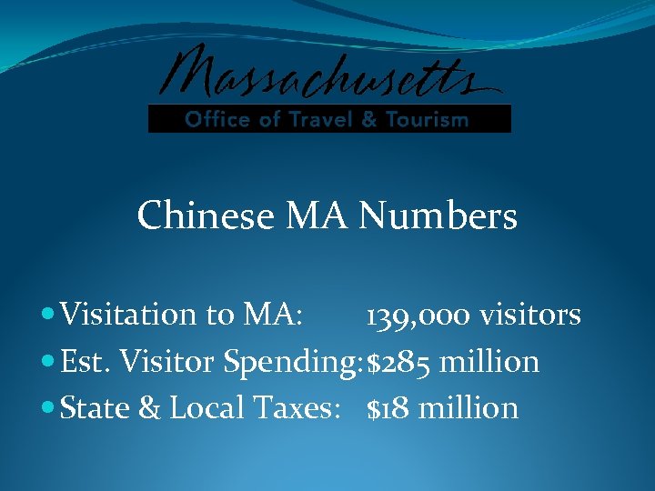 Chinese MA Numbers Visitation to MA: 139, 000 visitors Est. Visitor Spending: $285 million