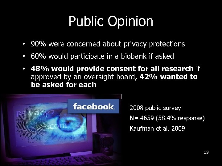 Public Opinion • 90% were concerned about privacy protections • 60% would participate in