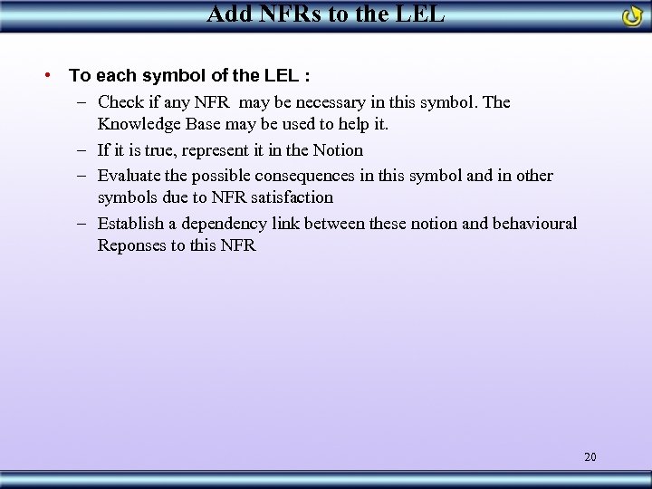 Add NFRs to the LEL • To each symbol of the LEL : –