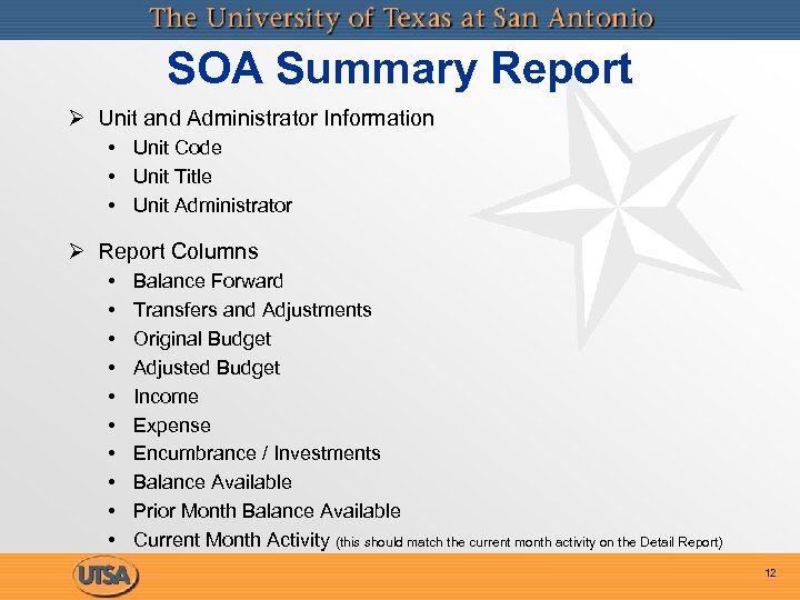 SOA Summary Report Ø Unit and Administrator Information • Unit Code • Unit Title