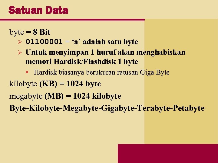 Satuan Data byte = 8 Bit Ø Ø 01100001 = ‘a’ adalah satu byte