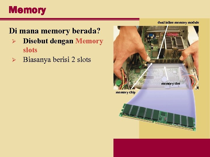 Memory dual inline memory module Di mana memory berada? Ø Ø Disebut dengan Memory