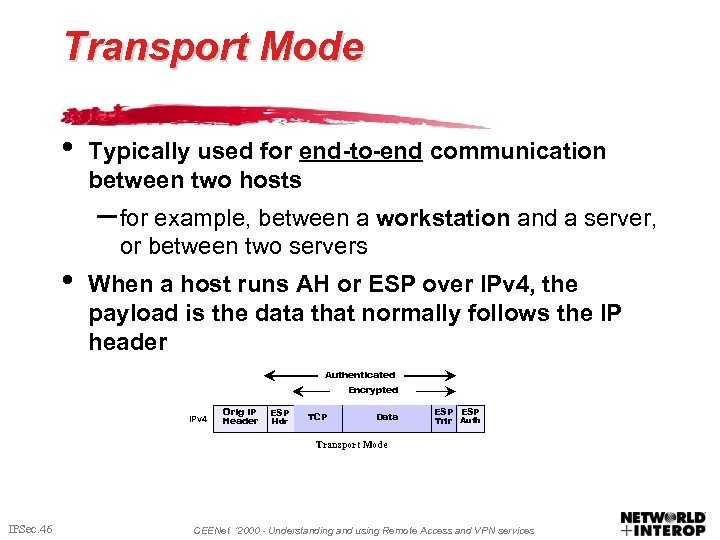 Transport Mode • Typically used for end-to-end communication between two hosts – for example,