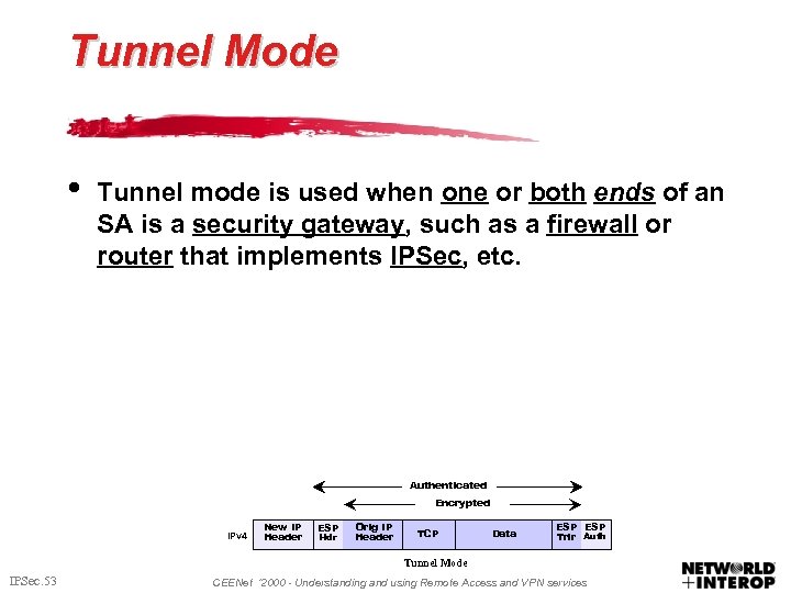 Tunnel Mode • Tunnel mode is used when one or both ends of an