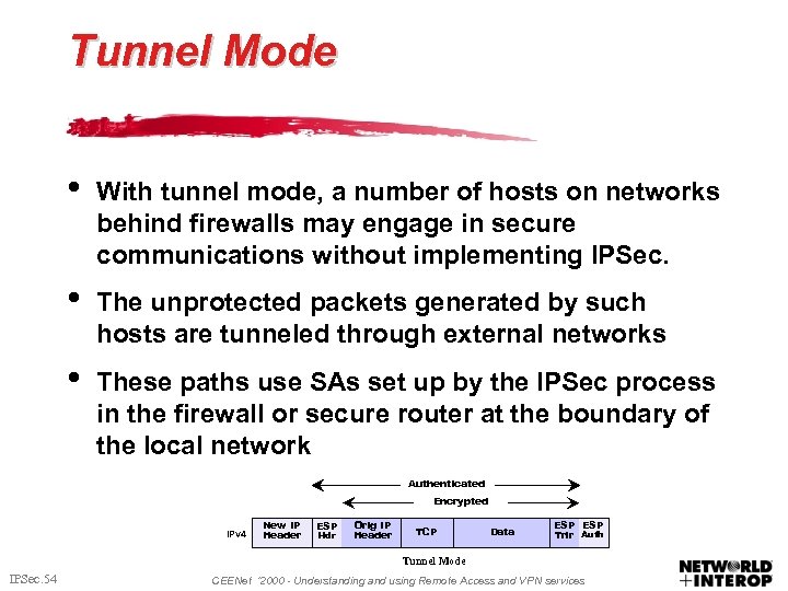 Tunnel Mode • With tunnel mode, a number of hosts on networks behind firewalls