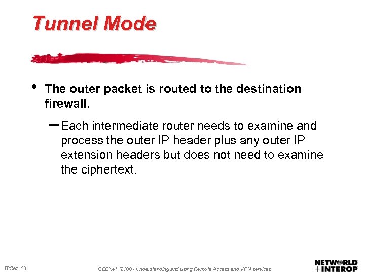 Tunnel Mode • The outer packet is routed to the destination firewall. – Each