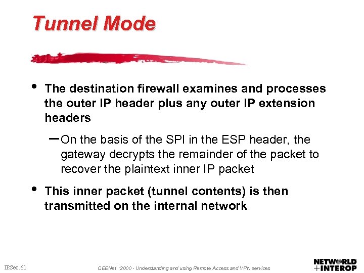 Tunnel Mode • The destination firewall examines and processes the outer IP header plus