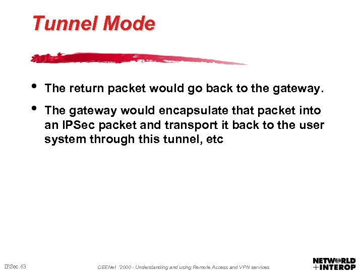 Tunnel Mode • • IPSec. 63 The return packet would go back to the