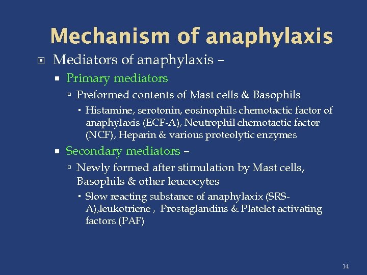 Mechanism of anaphylaxis Mediators of anaphylaxis – Primary mediators Preformed contents of Mast cells