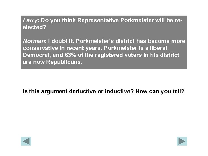 Larry: Do you think Representative Porkmeister will be reelected? Norman: I doubt it. Porkmeister's