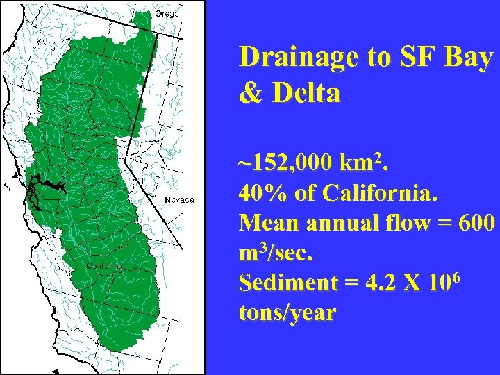 Drainage to SF Bay & Delta ~152, 000 km 2. 40% of California. Mean