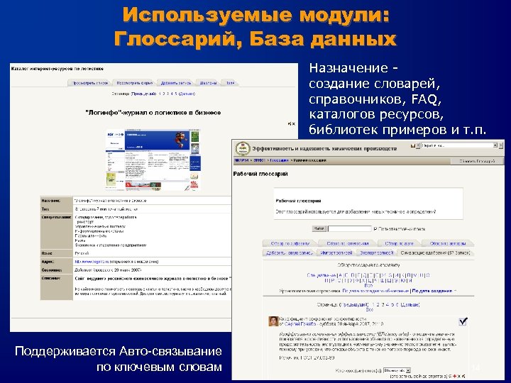 Используемые модули: Глоссарий, База данных Назначение создание словарей, справочников, FAQ, каталогов ресурсов, библиотек примеров
