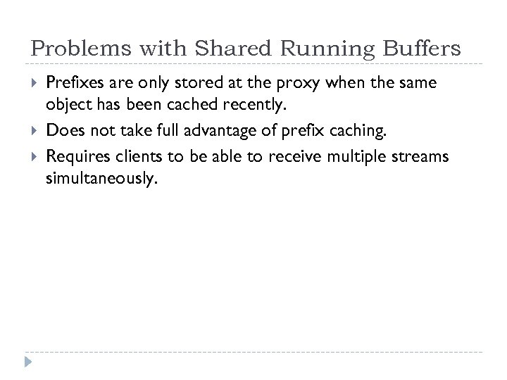 Problems with Shared Running Buffers Prefixes are only stored at the proxy when the
