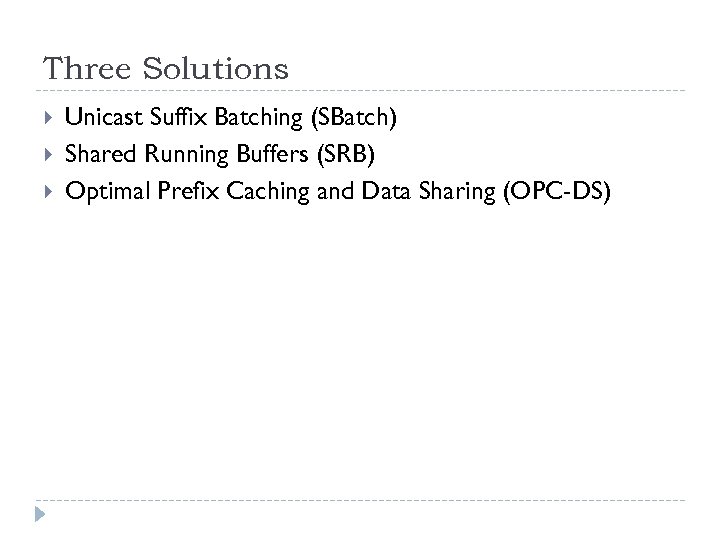 Three Solutions Unicast Suffix Batching (SBatch) Shared Running Buffers (SRB) Optimal Prefix Caching and