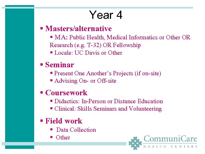 Year 4 § Masters/alternative § MA: Public Health, Medical Informatics or Other OR Research