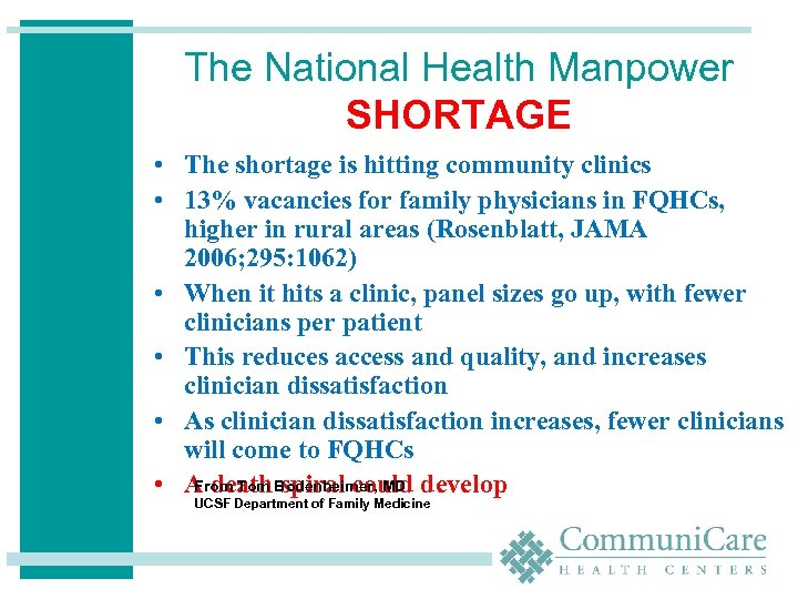 The National Health Manpower SHORTAGE • The shortage is hitting community clinics • 13%