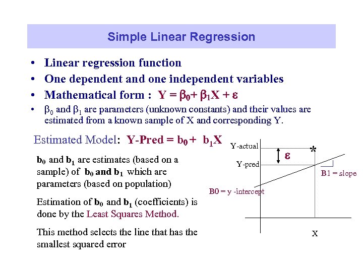 Simple Linear Regression • Linear regression function • One dependent and one independent variables