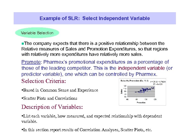 Example of SLR: Select Independent Variable Selection n. The company expects that there is