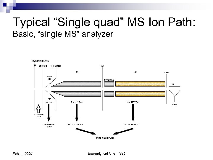 Typical “Single quad” MS Ion Path: Basic, “single MS” analyzer Feb. 1, 2007 Bioanalytical