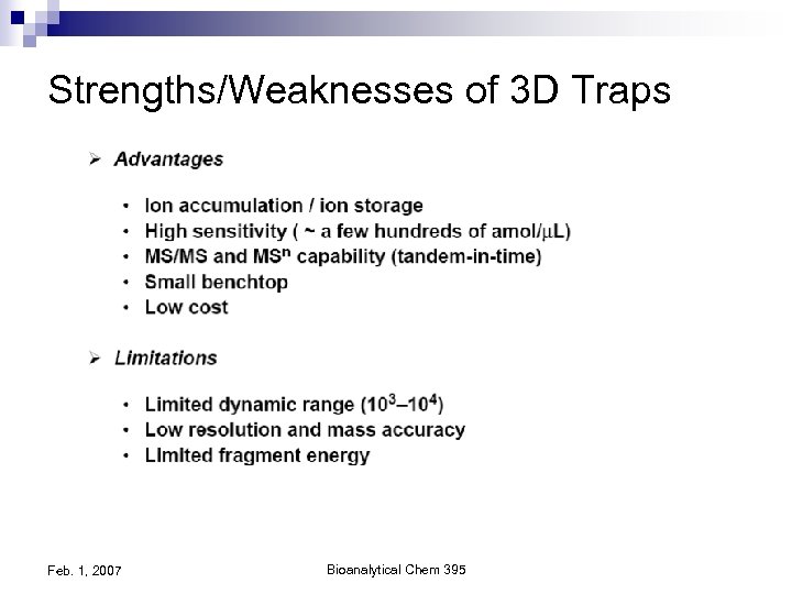 Strengths/Weaknesses of 3 D Traps Feb. 1, 2007 Bioanalytical Chem 395 
