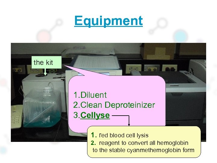 Equipment the kit 1. Diluent 2. Clean Deproteinizer 3. Cellyse 1. red blood cell