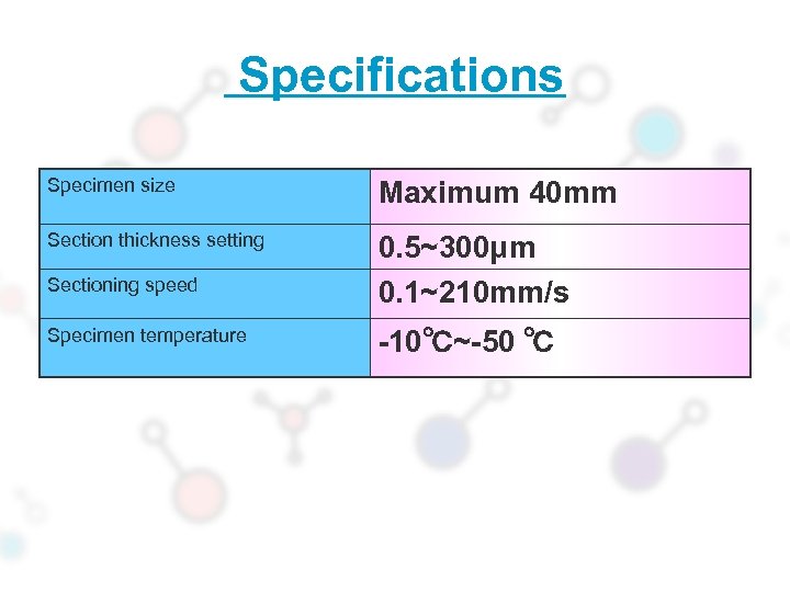 Specifications Specimen size Maximum 40 mm Section thickness setting 0. 5~300μm 0. 1~210 mm/s