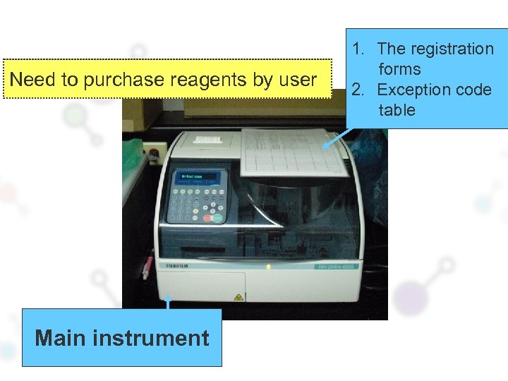 Need to purchase reagents by user Main instrument 1. The registration forms 2. Exception