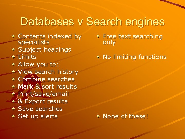 Databases v Search engines Contents indexed by specialists Subject headings Limits Allow you to: