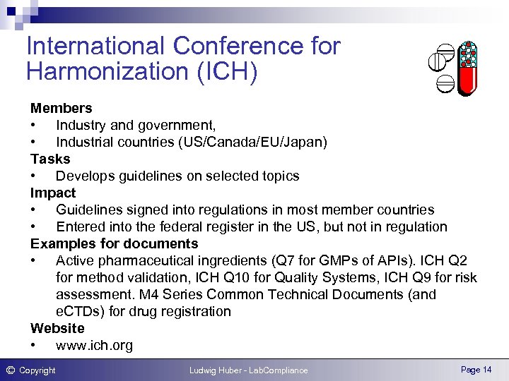 International Conference for Harmonization (ICH) Members • Industry and government, • Industrial countries (US/Canada/EU/Japan)