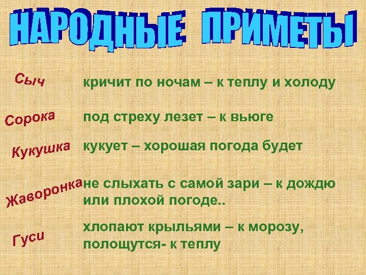 Сыч Сорока кричит по ночам – к теплу и холоду под стреху лезет –