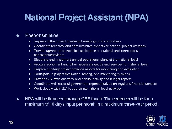 National Project Assistant (NPA) u Responsibilities: n n n n n u 12 Represent