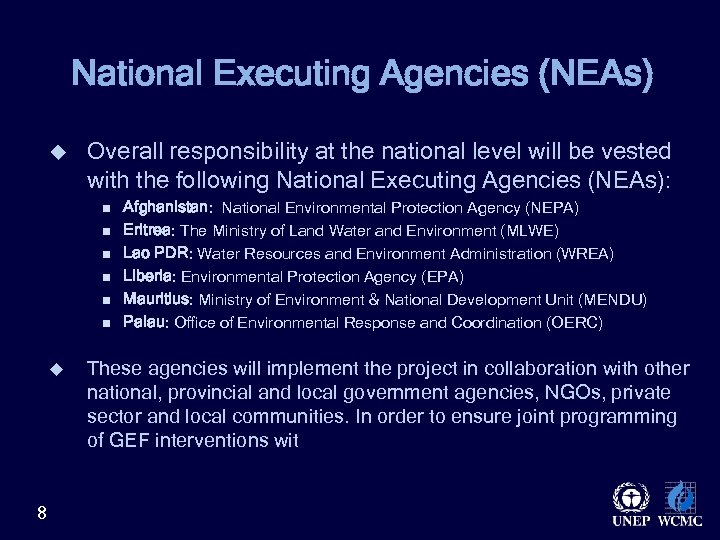 National Executing Agencies (NEAs) u Overall responsibility at the national level will be vested