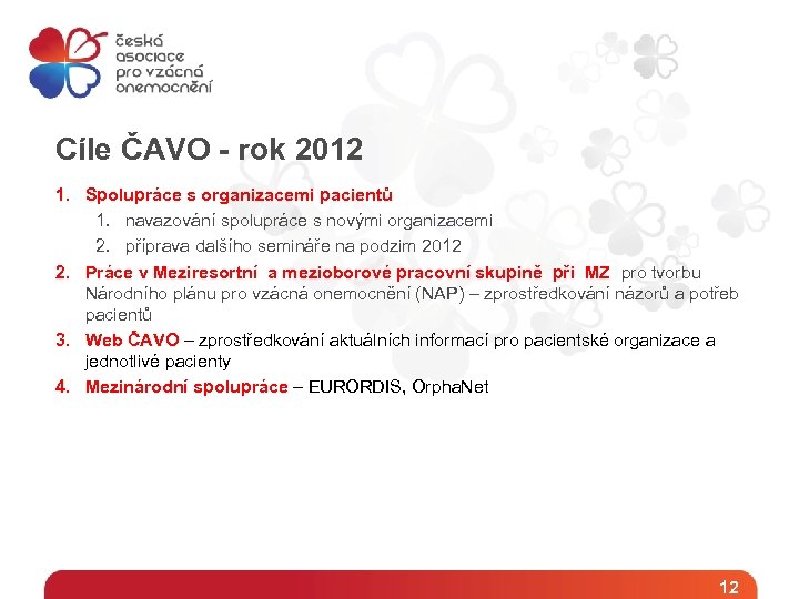 Cíle ČAVO - rok 2012 1. Spolupráce s organizacemi pacientů 1. navazování spolupráce s