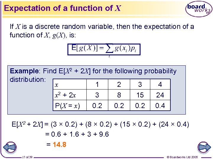Expectation of a function of X If X is a discrete random variable, then