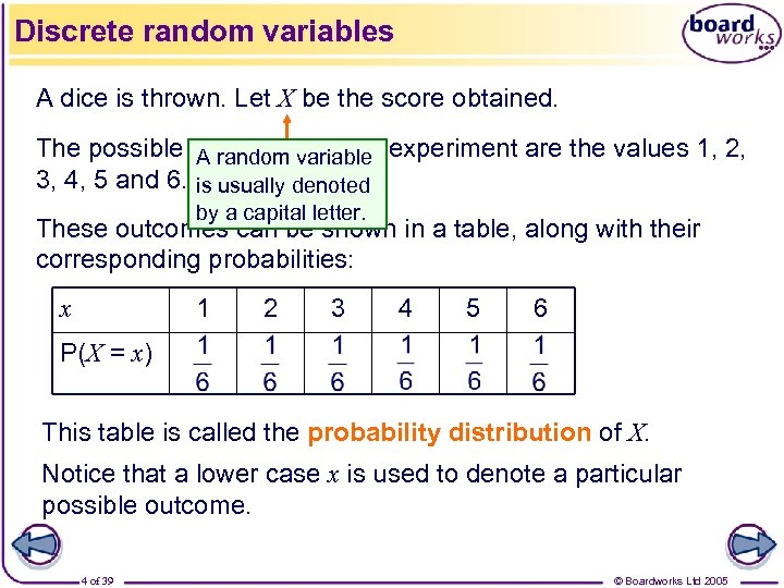 Discrete random variables A dice is thrown. Let X be the score obtained. The
