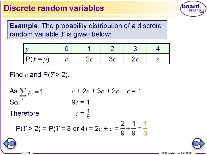 Discrete random variables Example: The probability distribution of a discrete random variable Y is
