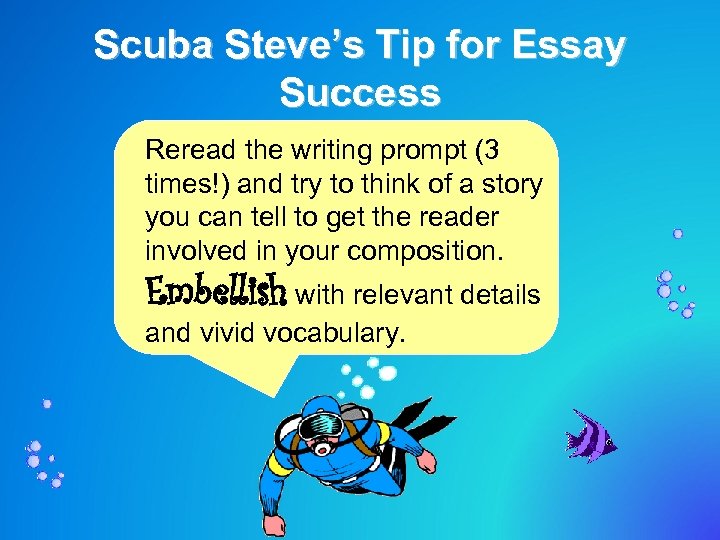 Scuba Steve’s Tip for Essay Success Reread the writing prompt (3 times!) and try