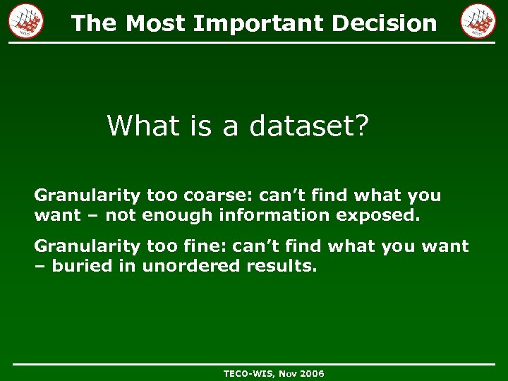 The Most Important Decision What is a dataset? Granularity too coarse: can’t find what