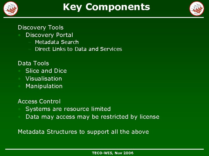 Key Components Discovery Tools • Discovery Portal – Metadata Search – Direct Links to