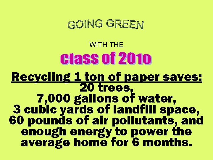 WITH THE Recycling 1 ton of paper saves: 20 trees, 7, 000 gallons of