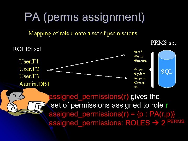 PA (perms assignment) Mapping of role r onto a set of permissions PRMS set