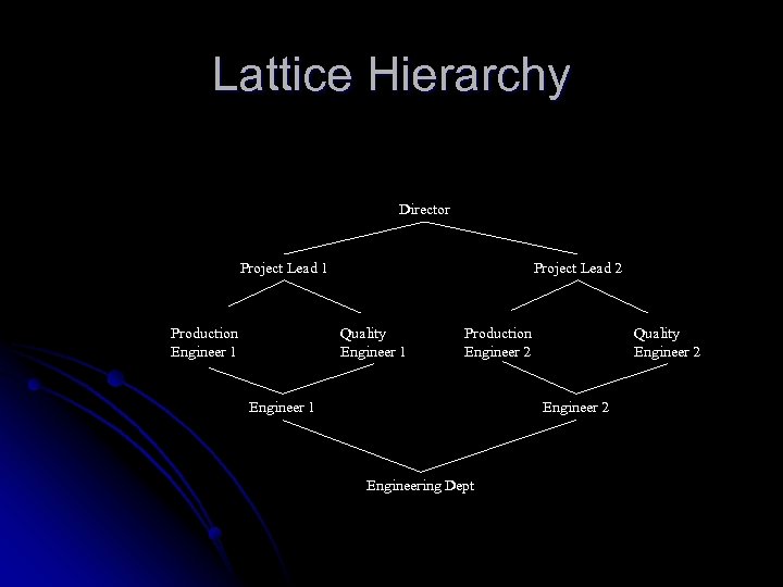 Lattice Hierarchy Director Project Lead 1 Production Engineer 1 Project Lead 2 Quality Engineer