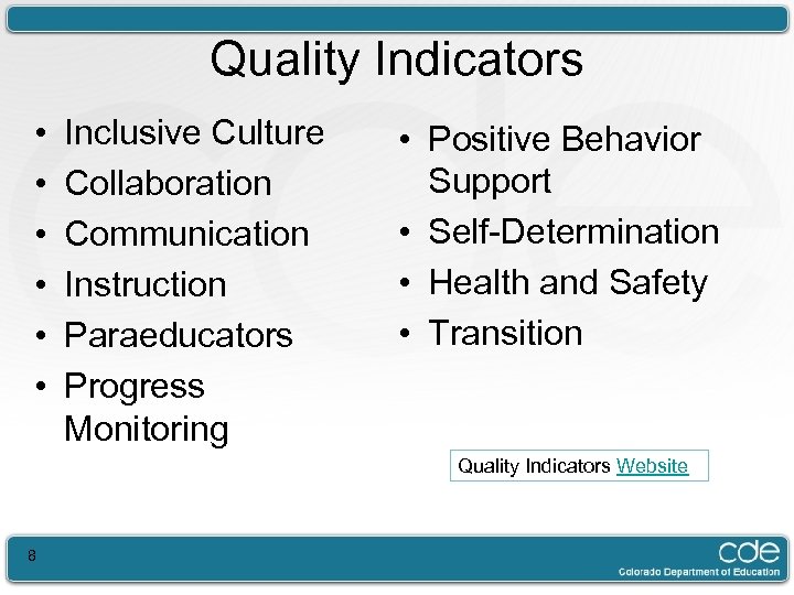Quality Indicators • • • Inclusive Culture Collaboration Communication Instruction Paraeducators Progress Monitoring •
