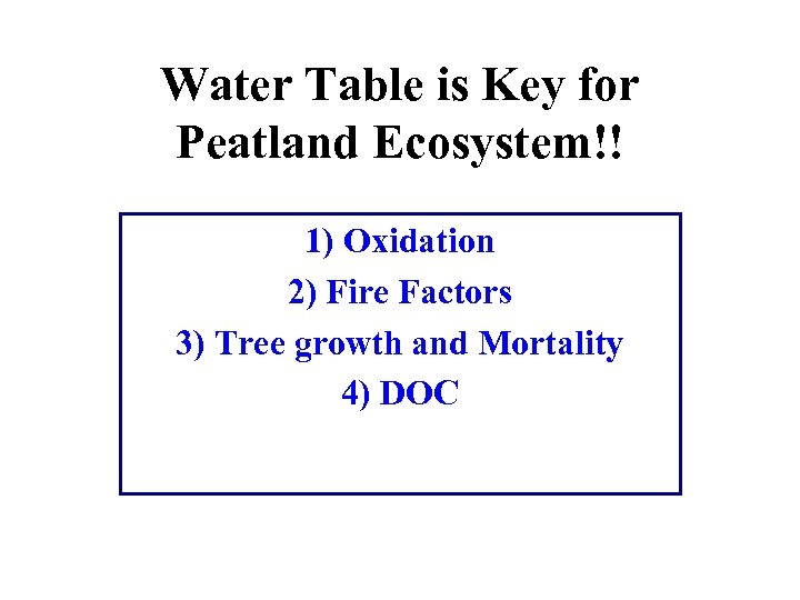 Water Table is Key for Peatland Ecosystem!! 1) Oxidation 2) Fire Factors 3) Tree