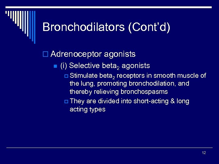 Bronchodilators (Cont’d) o Adrenoceptor agonists n (i) Selective beta 2 agonists p Stimulate beta