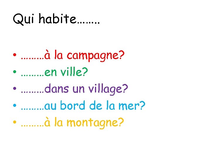 Qui habite……. . • • • ………à la campagne? ………en ville? ………dans un village?