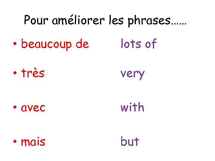 Pour améliorer les phrases…… • beaucoup de lots of • très very • avec