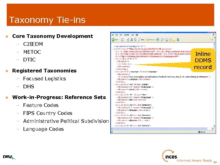 Taxonomy Tie-ins l Core Taxonomy Development – C 2 IEDM – METOC – DTIC