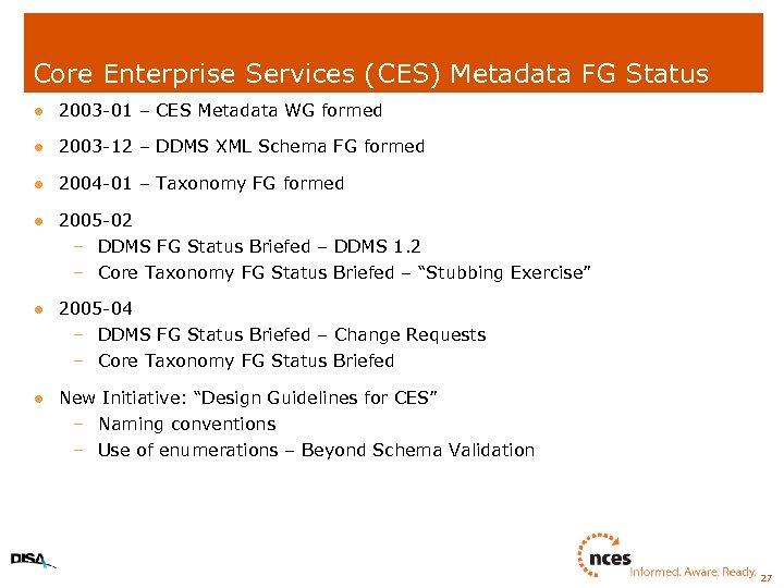 Core Enterprise Services (CES) Metadata FG Status l 2003 -01 – CES Metadata WG